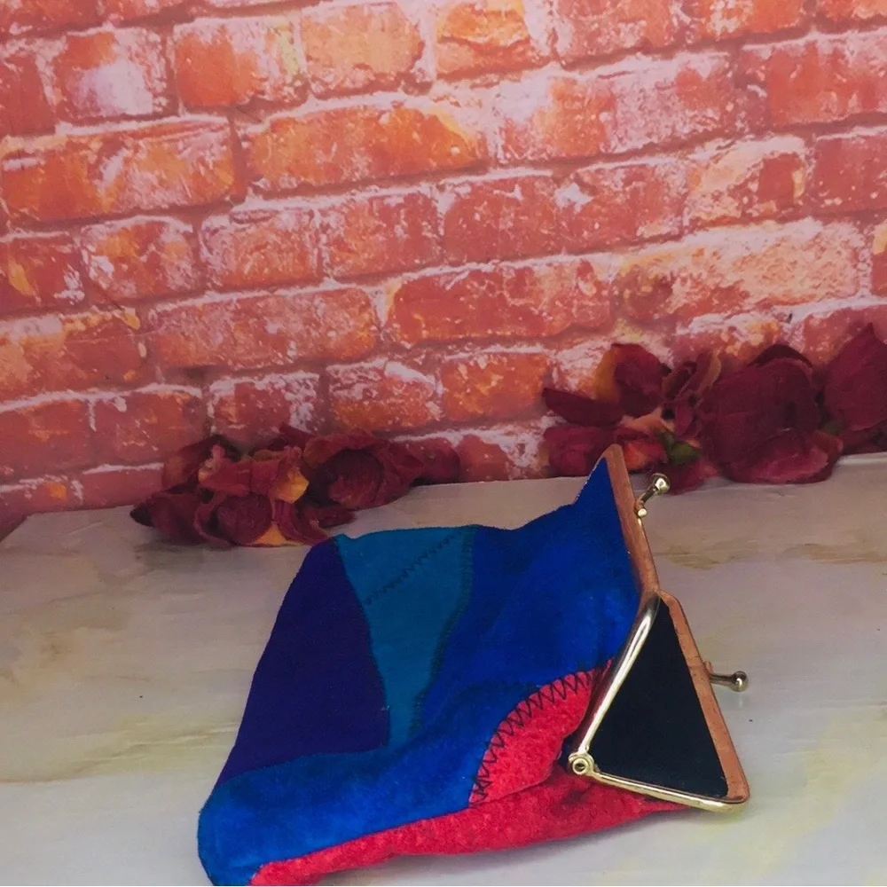 Vintage 70s Colorful Patchwork Kiss-lock Suede Clutch